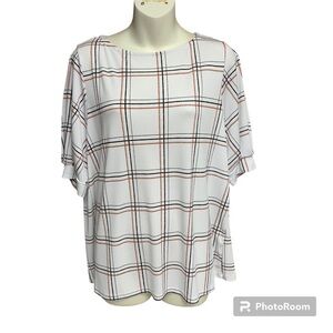 Misia size large window pane patterned shirt sleeve top some stretch cream/black
